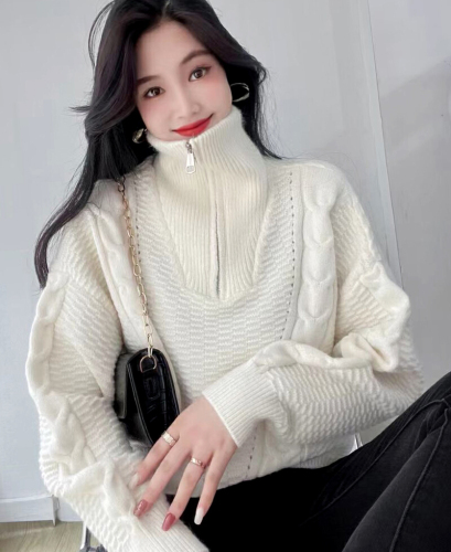 Women's High-Neck Sweater with Half Zip Hooded Collar for Autumn/Winter, Loose Outerwear, Slouchy Style, Cable Knit Hooded Turtleneck Top