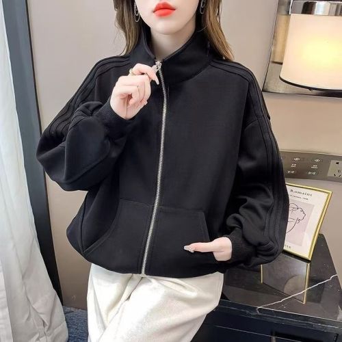 New Spring and Autumn Baseball Jacket, Versatile Sports Jacket, Solid Color Collar, Loose Casual Stylish Slimming Short Outerwear