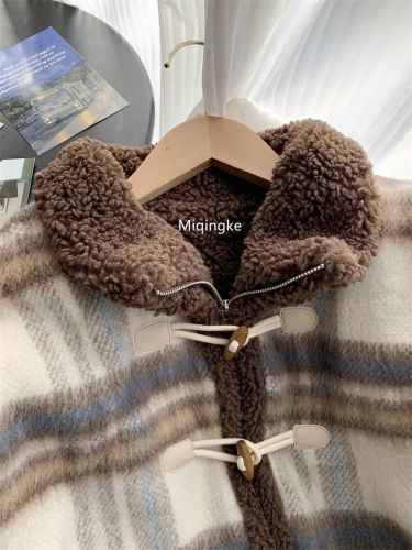 2025 Autumn/Winter Mauve Retro Ox Horn Button Lamb Embroidered Plaid New Year Battle Dress Thick Short Jacket Women's Top