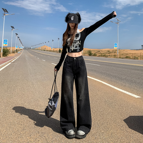 Photographed~ 2025 Autumn/Winter New Design Flared Straight Leg Denim with Washed Effect, Slimming Wide-Leg Micro-Leg Pants