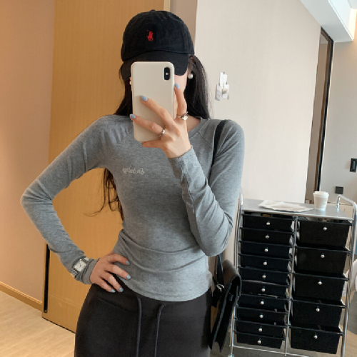 Photographed Image Tencel Wool Navy Blue Crew Neck Letter Embroidered Long Sleeve Women's Fall Top Layer High-End Base Shirt