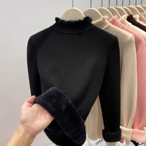 Women's ear-trimmed knitted sweater bottoming shirt for autumn and winter warm lining with velvet and thickened half turtleneck bottoming shirt top