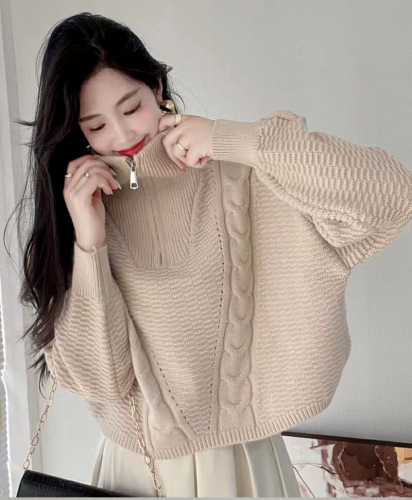 Women's High-Neck Sweater with Half Zip Hooded Collar for Autumn/Winter, Loose Outerwear, Slouchy Style, Cable Knit Hooded Turtleneck Top
