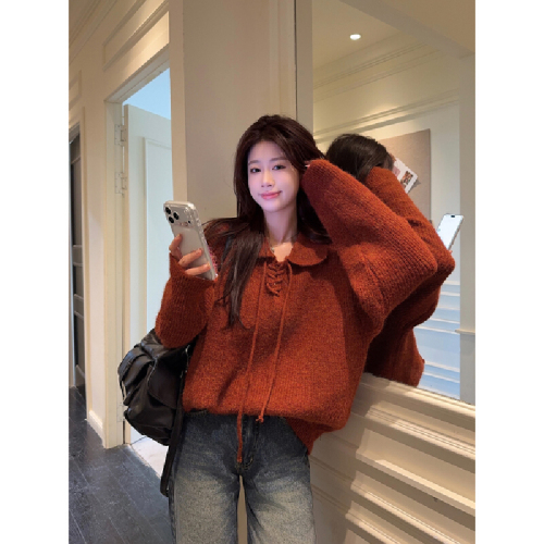 Photographed Autumn Korean-style loose and slimming polo collar tie design soft and fluffy knit crewneck sweater