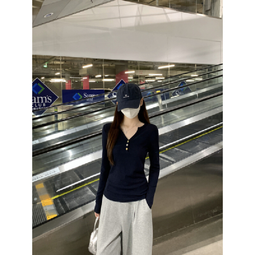 Real-shot Autumn/Winter Korean-style Slim-Fit Chic Half-Neckline Buttoned Off-Shoulder Long-Sleeve Base T-Shirt Top