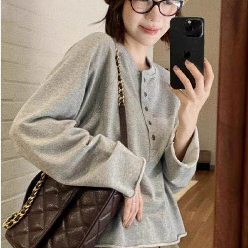 56 Cotton New Autumn Korean Style Casual Top Women's Grey Rolled Hem Half Button Design Long Sleeve T-Shirt