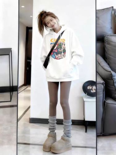 High-quality cotton blended CVC ribbed women's hooded printed sweatshirt with regular extra warmth