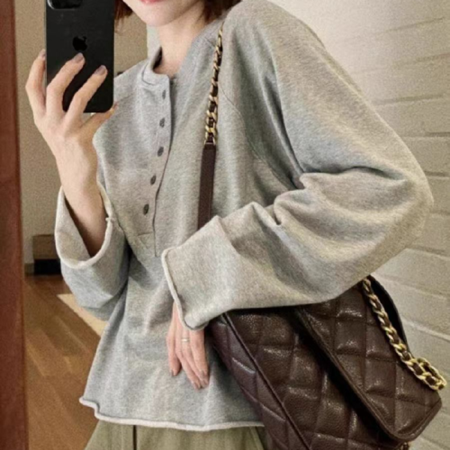 56 Cotton New Autumn Korean Style Casual Top Women's Grey Rolled Hem Half Button Design Long Sleeve T-Shirt