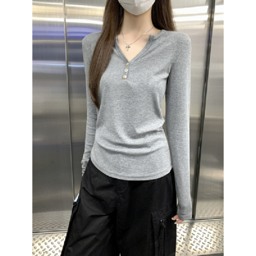 Real-shot Autumn/Winter Korean-style Slim-Fit Chic Half-Neckline Buttoned Off-Shoulder Long-Sleeve Base T-Shirt Top