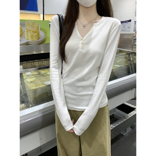 Real-shot Autumn/Winter Korean-style Slim-Fit Chic Half-Neckline Buttoned Off-Shoulder Long-Sleeve Base T-Shirt Top