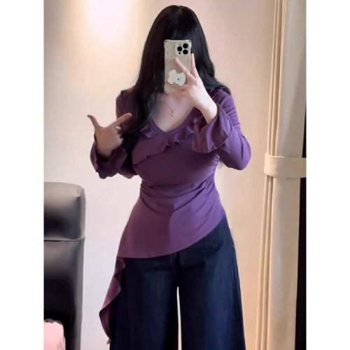 Freestyle 260g Plus-Size Slimming Flirty Irregular Top with Ruffled V-Neck and Long Sleeves for Autumn