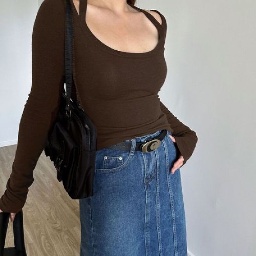 40-count modal 260g rayon halterneck chest-enhancing long-sleeve T-shirt—early autumn, slim-fit, figure-flattering top