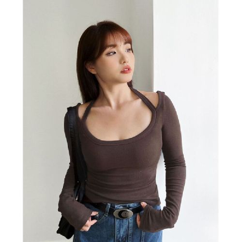 40-count modal 260g rayon halterneck chest-enhancing long-sleeve T-shirt—early autumn, slim-fit, figure-flattering top