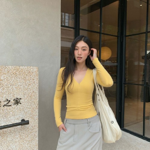 Cotton-blend brushed zipper V-neck slim-fit long-sleeve women's T-shirt 2025 autumn new slimming innerwear base top