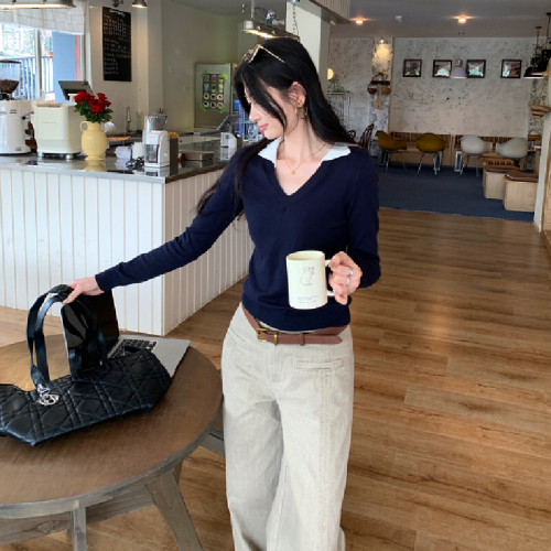 Collar Contrast Color, Intellectual Style, Elderly Money Fashion, Outfit Top Inner Knitwear Long Sleeve Base Shirt Women Autumn Winter Upper Shirt