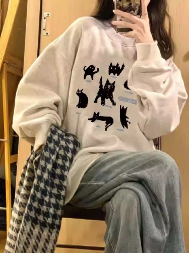 Official Image: Huamin Composite - Thin/Thick Lined Autumn/Winter Women's Print Baby Fleece Round Neck Sweatshirt