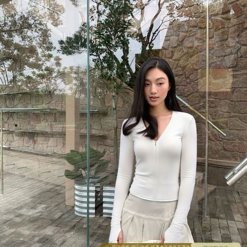 Cotton-blend brushed zipper V-neck slim-fit long-sleeve women's T-shirt 2025 autumn new slimming innerwear base top