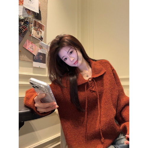 Photographed Autumn Korean-style loose and slimming polo collar tie design soft and fluffy knit crewneck sweater