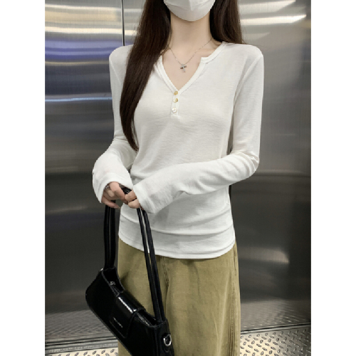 Real-shot Autumn/Winter Korean-style Slim-Fit Chic Half-Neckline Buttoned Off-Shoulder Long-Sleeve Base T-Shirt Top