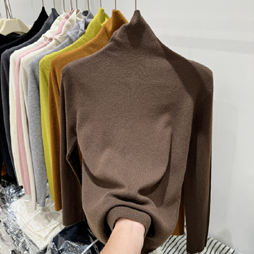 Four Seasons Green 2025 Winter New Basic High Collar Ribbed Long Sleeve Knit Top for Women, Stylish Innerwear Sweater