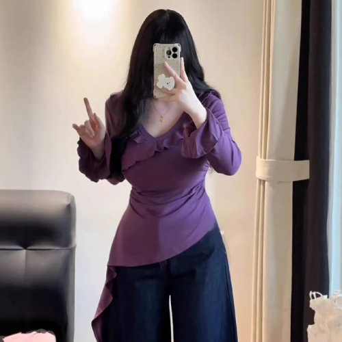 Freestyle 260g Plus-Size Slimming Flirty Irregular Top with Ruffled V-Neck and Long Sleeves for Autumn