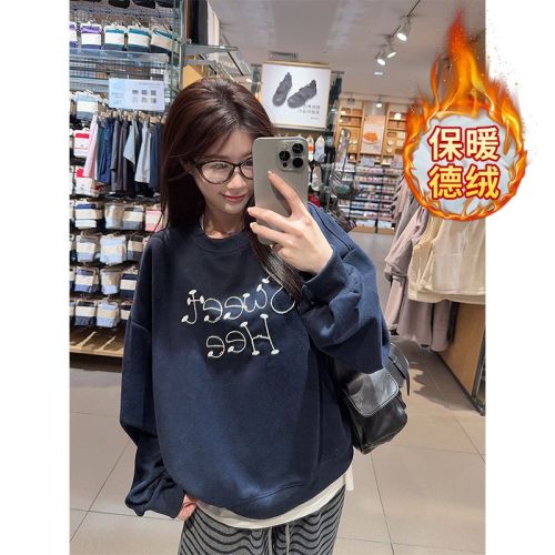 Pure Cotton Composite True Super Thickened Winter New Fashion Embroidered Floral Loose Round Neck Korean Style Warm Top