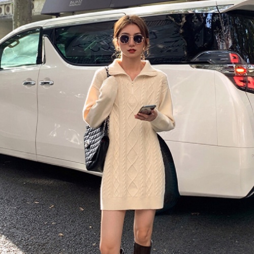 Women's Mid-Long Crochet Wool Dress for Autumn/Winter with Coat, Loose and Lazy Style, Thick Zipper Soft Knit Dress