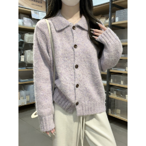 Photographed Korean-style leisurely loose polo neck soft and versatile thick knit sweater open jacket