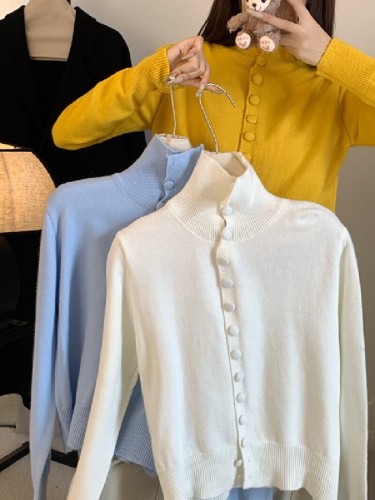 Photographed Soft High-Neck Cardigan Sweater for Women, Stylish Casual Youthful Short-Sleeve Knit Coat for Women