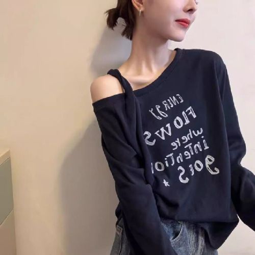 Korean-style Letter-Print Off-Shoulder Long-Sleeve T-Shirt | 2025 Autumn New Arrival | Women's Designer Casual All-Match Age-Defying Top