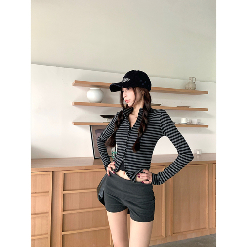 Photographed~ American-style striped slimming tailored shoulder coat with double zipper, unisex open sweater, versatile women's top