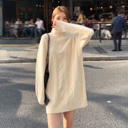 Women's Mid-Long Crochet Wool Dress for Autumn/Winter with Coat, Loose and Lazy Style, Thick Zipper Soft Knit Dress