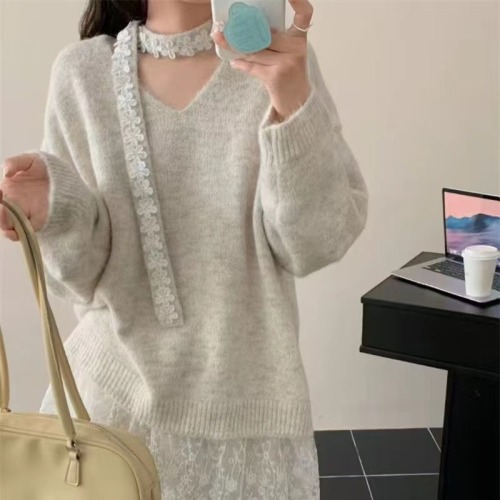 2025 Autumn/Winter New Soft Style Lace Splicing Sweater Top and Skirt Set Two-Piece Loose and Lazy Set