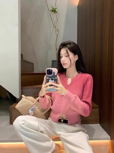 Gradient Color V-Neck Split Raccoon-Fur Sweater for Women | Autumn/Winter Knitted Base Layer | Slim-Fit Short Top