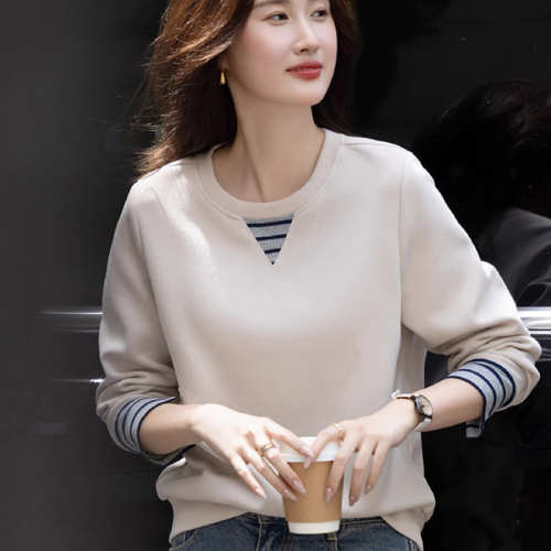 2025 Winter Lazy Style Loose Hidden-Breast Comfortable Top Trendy Ribbed Color-Blocking Cuff Sweatshirt for Women