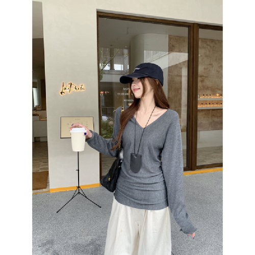 Real-shot Autumn/Winter Korean-style Elegant V-Neck Loose Fit Slimming 6% Wool Knitted Base Layer Long-Sleeve Inner Top