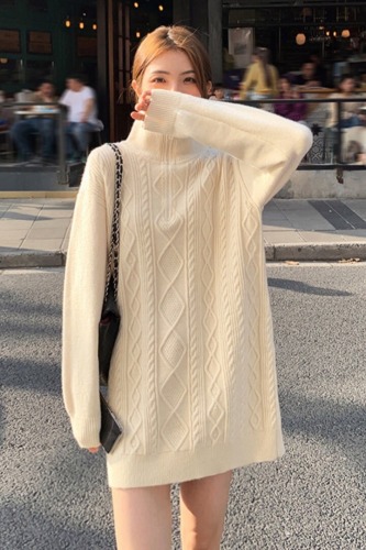 Women's Mid-Long Crochet Wool Dress for Autumn/Winter with Coat, Loose and Lazy Style, Thick Zipper Soft Knit Dress