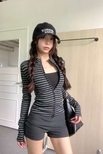 Photographed~ American-style striped slimming tailored shoulder coat with double zipper, unisex open sweater, versatile women's top