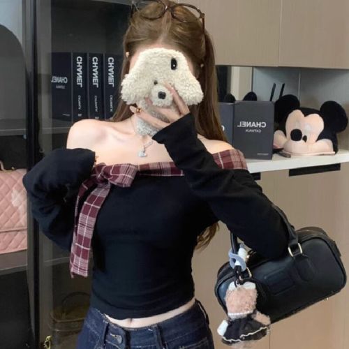 Plaid-Print Spliced Lace-Up Off-Shoulder T-Shirt for Women | Winter Fleece-Lined, Thickened, Cropped Base Top