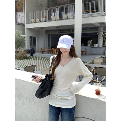 Real-shot Autumn/Winter Korean-style Elegant V-Neck Loose Fit Slimming 6% Wool Knitted Base Layer Long-Sleeve Inner Top