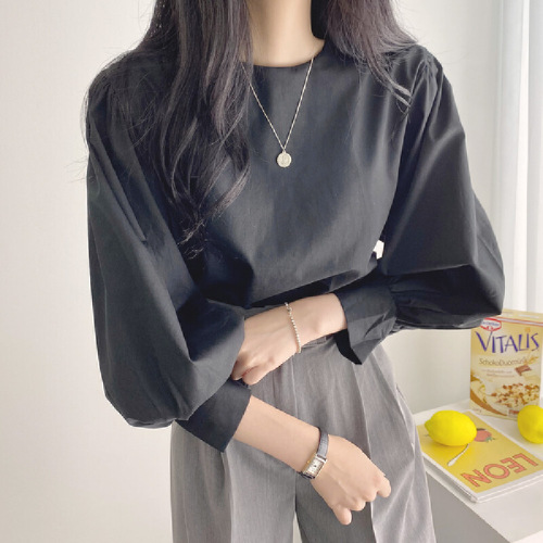 Chic fashionable retro minimalist round-neck puffed-sleeve women's shirt