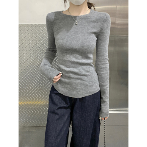 Real-shot Autumn/Winter Korean-style Soft, Fluffy, Slim-Fit Round-Neck Split Hem 6% Wool Knitted Base Layer Sweater