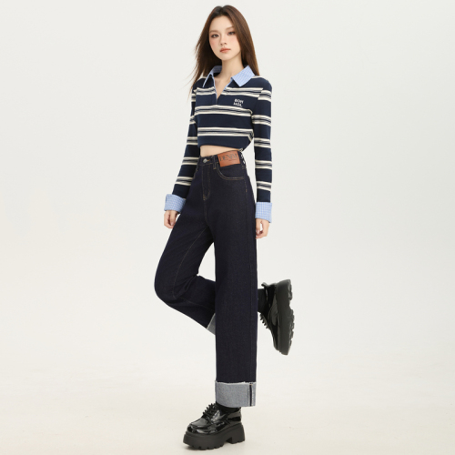 Photographed~ 2025 Autumn/Winter New Korean Retro High-Waisted Design-Sensory Flared Versatile Stretch Denim Straight Pants Trendy