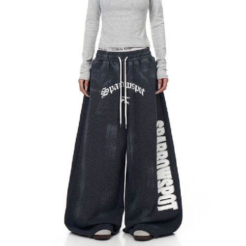 American street style distressed letter print men's and women's trendy straight-leg loose wide-leg pants