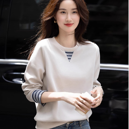 2025 Winter Lazy Style Loose Hidden-Breast Comfortable Top Trendy Ribbed Color-Blocking Cuff Sweatshirt for Women
