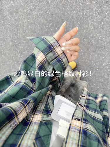 Original Version 50% Cotton 50% Polyester American Green Check Shirt Long Sleeve Autumn Lazy Style Blouse