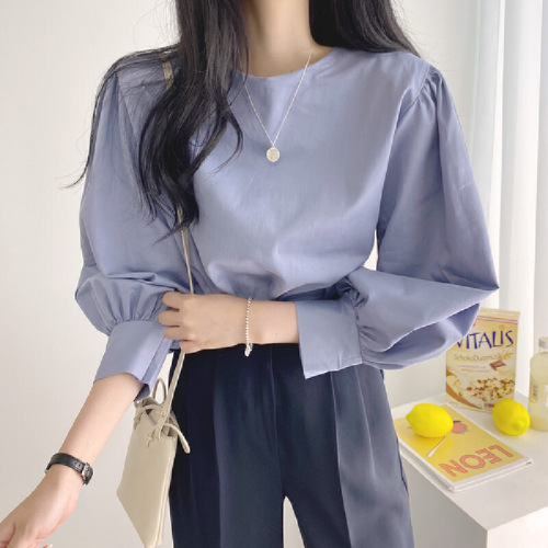 Chic fashionable retro minimalist round-neck puffed-sleeve women's shirt