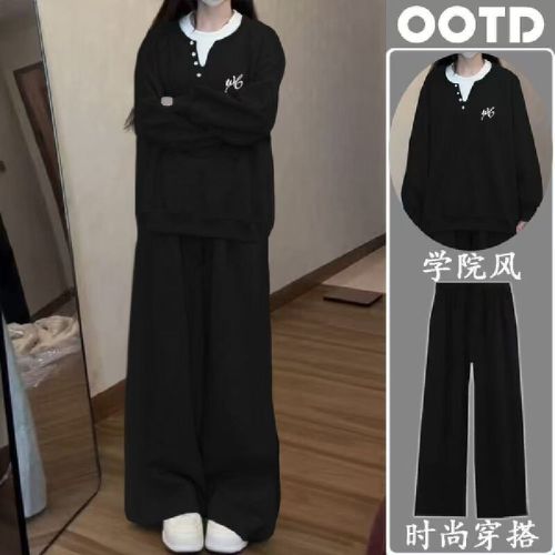 Autumn thin set stylish American-style faux two-piece hoodie college style + loose wide-leg pants fashion matching two-piece set