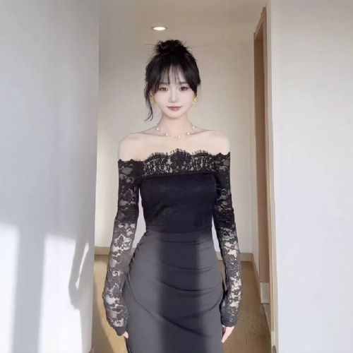 Retro Pure Desire One-Shoulder Lace Patchwork Dress for Women 2025 New Sexy Long-Sleeve Bustier Long Skirt