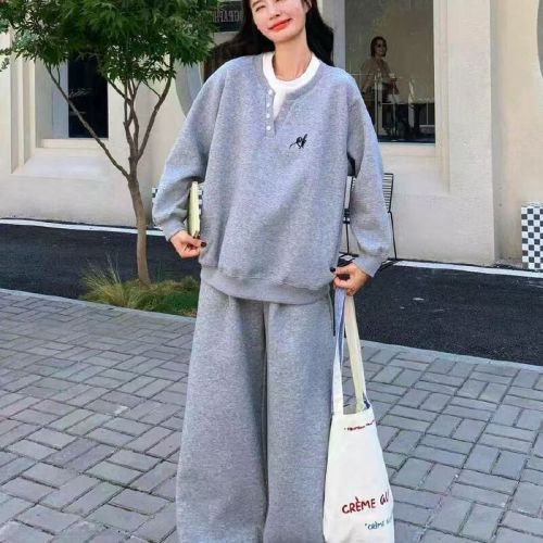 Autumn thin set stylish American-style faux two-piece hoodie college style + loose wide-leg pants fashion matching two-piece set